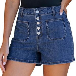 High-Rise Dark Blue Denim Button-Front Women’s Shorts